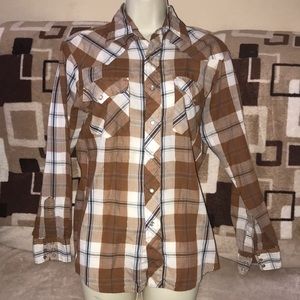 Gremlin small brown blue white gold snap button down shirt 💕